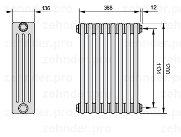 Схема (чертеж) Радиатор Zehnder Charleston 4120/8 №7610 Белый глянцевый RAL 9016